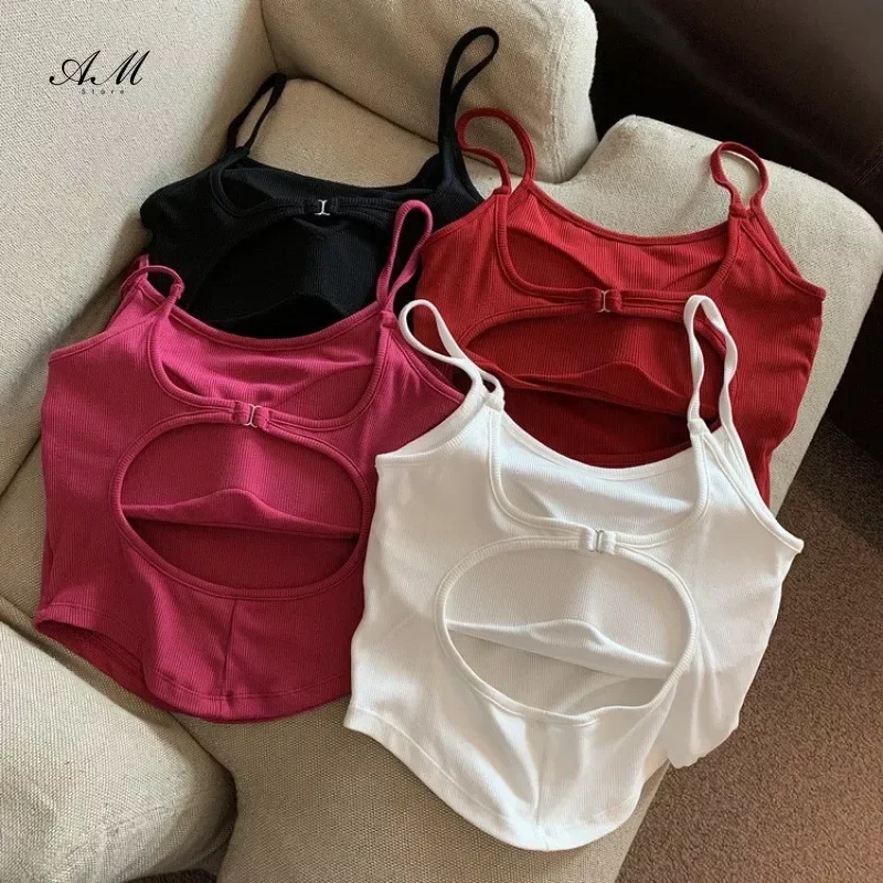 French Sweet Tank Tops Women with Pad Spaghetti Strap Crop Tops for Womens Backless Tank Camisole Summer Dropshipping