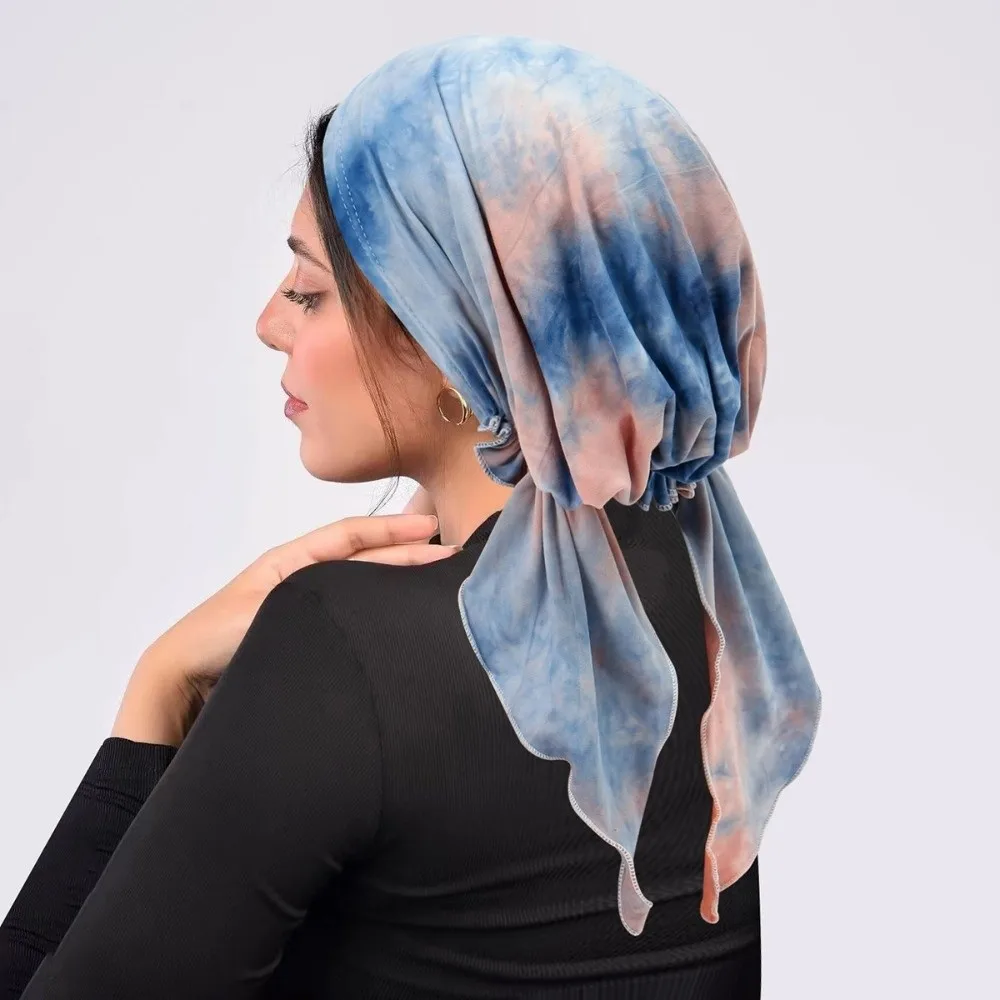 Nowa zakrzywiona damska czapka do włosów z motywem kwiatowym, dwuzwiewna, barwiona metodą tie-dye, prosta, lekka, oddychająca czapka chemo, turban dla muzułmanek.