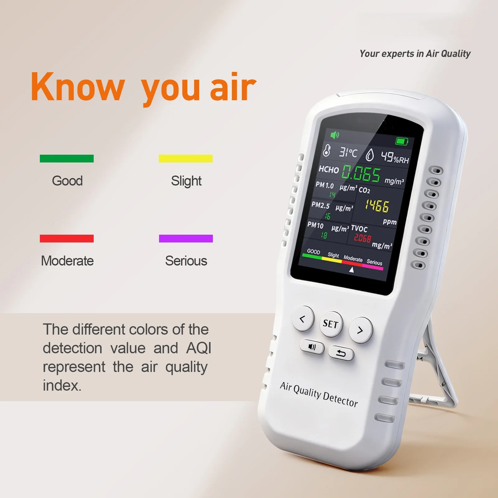 Air Quality Monitor 6‑in‑1 Detector HCHO TVOC CO2 PM2.5 PM10 PM1.0 Tester LCD Color Screen Voice Alarm Indoor Home Car Air Quality Detector view 3
