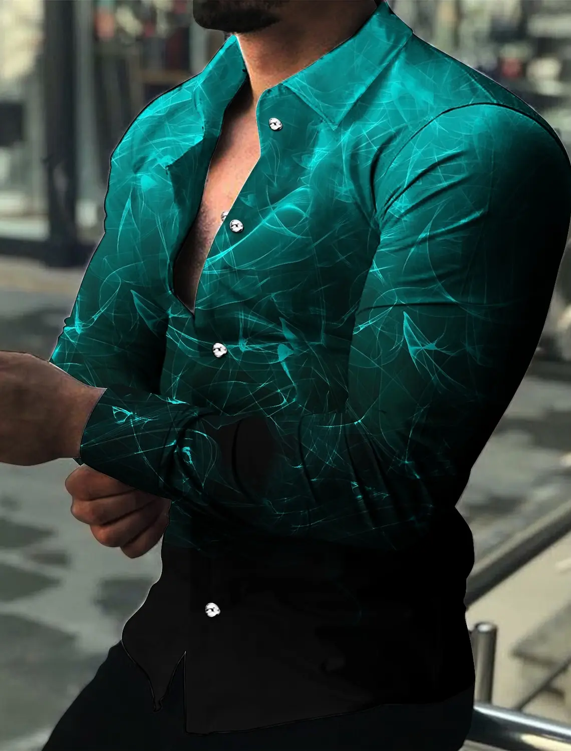 Camisa de manga larga para hombre, chaqueta ajustada con solapa y botones, a la moda, con estampado 3D de Streamer, para fiesta de graduación,