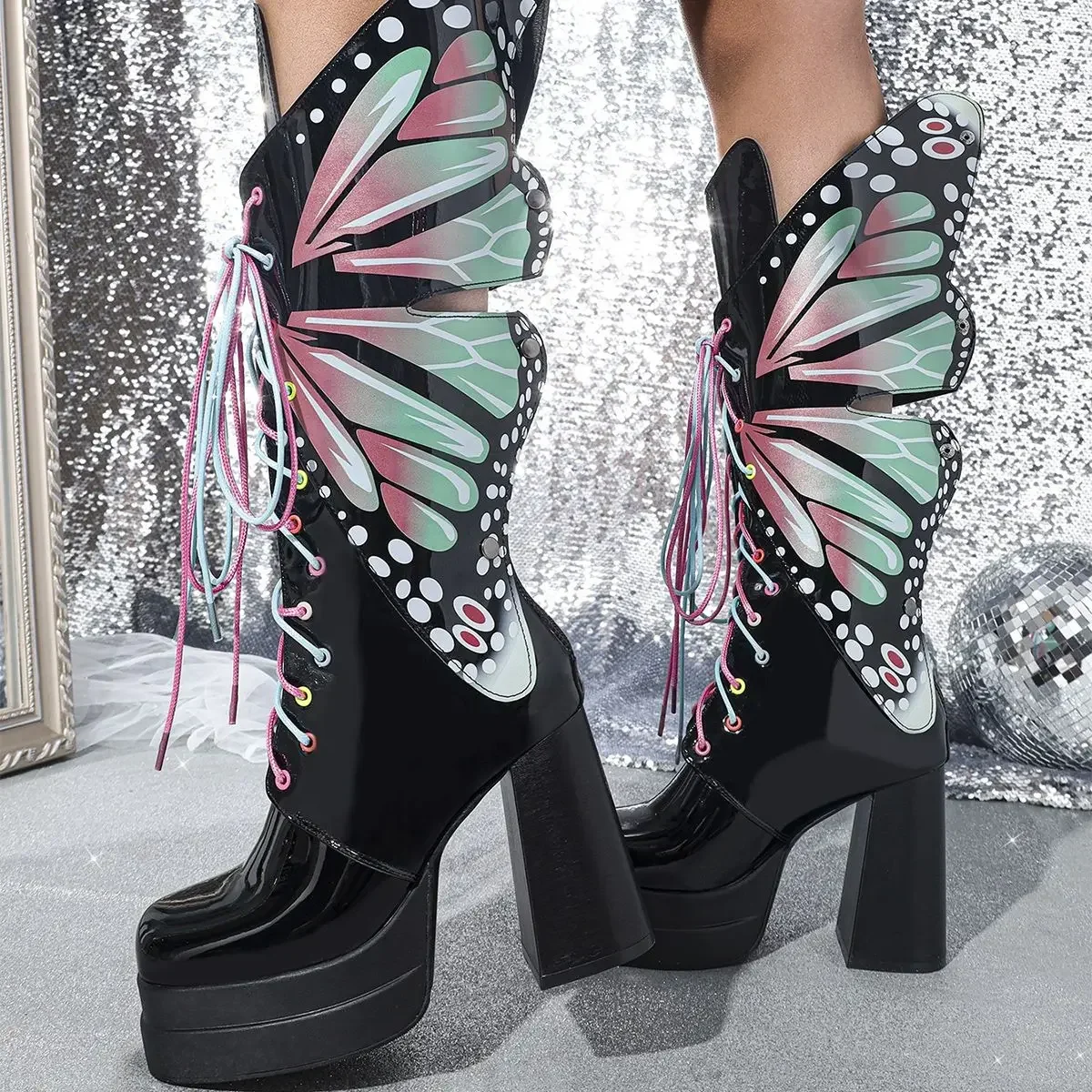 Colorful Butterfly Ninja CyberY2k Goth Sexy Boots Cosplay Plarform High Heel 2024 Spring Autumn New Party Women Knee High Boots