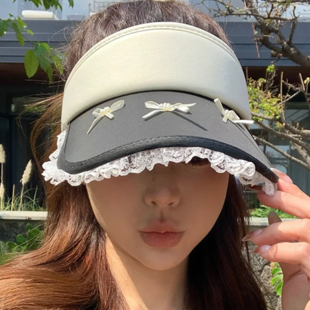Cartoon Sweet Empty Top Cap Lace Brim Adjustable Lady's Sun Hat Breathable Bowknot Sun Protection Hat Summer