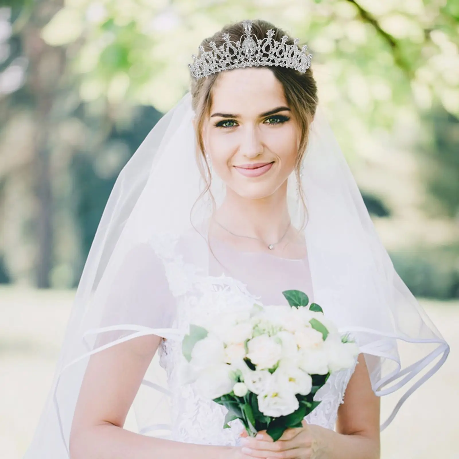 2PCS Ivory Wedding Veils Bridal Lace Headpiece Crystal Embellished Comb Girl Communion Elegant Rhinestone Design