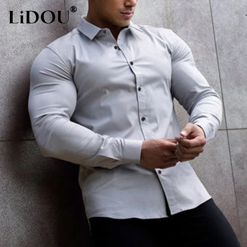 Primavera otoño Super Slim Fit liso negocios camisas de manga larga para hombres Anti-arrugas músculo Polo cuello sólido blusas de negocios Homme