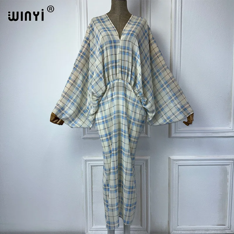 WINYI prospettiva con scollo a v vestito sexy classico stampa scozzese donna sciolto vacanza spiaggia cover up Party Kaftanabaya dubai luxury