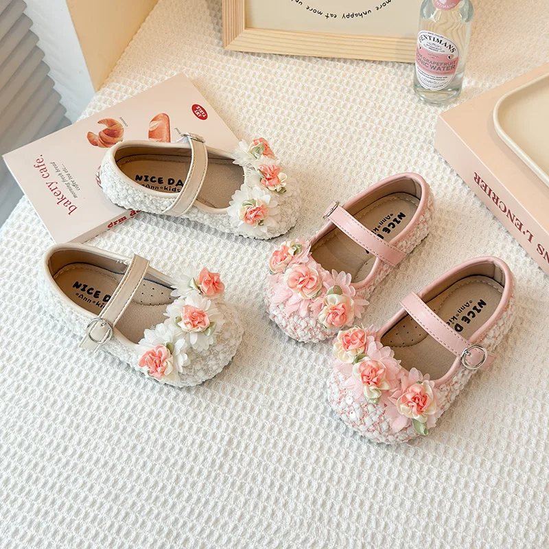

2025 Spring New Children Casual Shoes for Girls Fashion Korean Style Soft Anti-slippery Versatile French Style Flower Dress Shoe