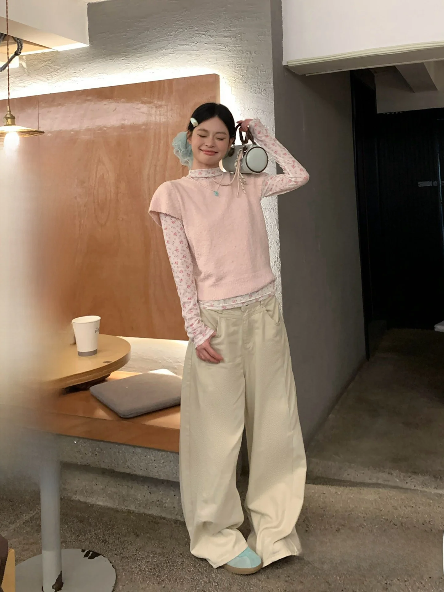 

Kaki Color S Curved Knife Casual Pants Women Early Spring Korean Style Small Size Straight Loose Wide Leg Pants