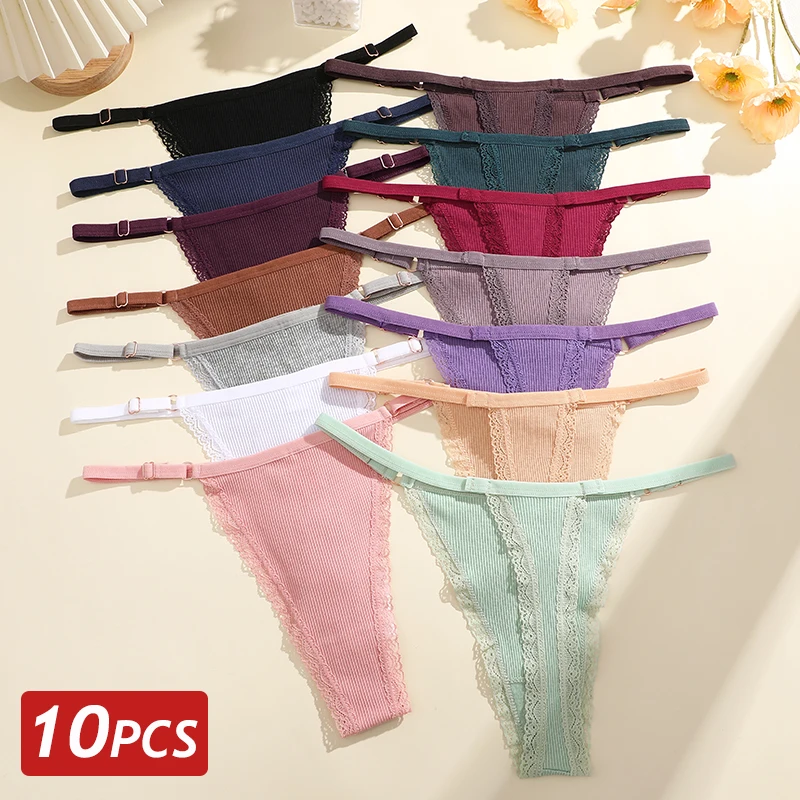 10PCS Women Lace Cotton Thongs Sexy G-String T-Back Panties Female Breathable Underwear Bikini Fashi