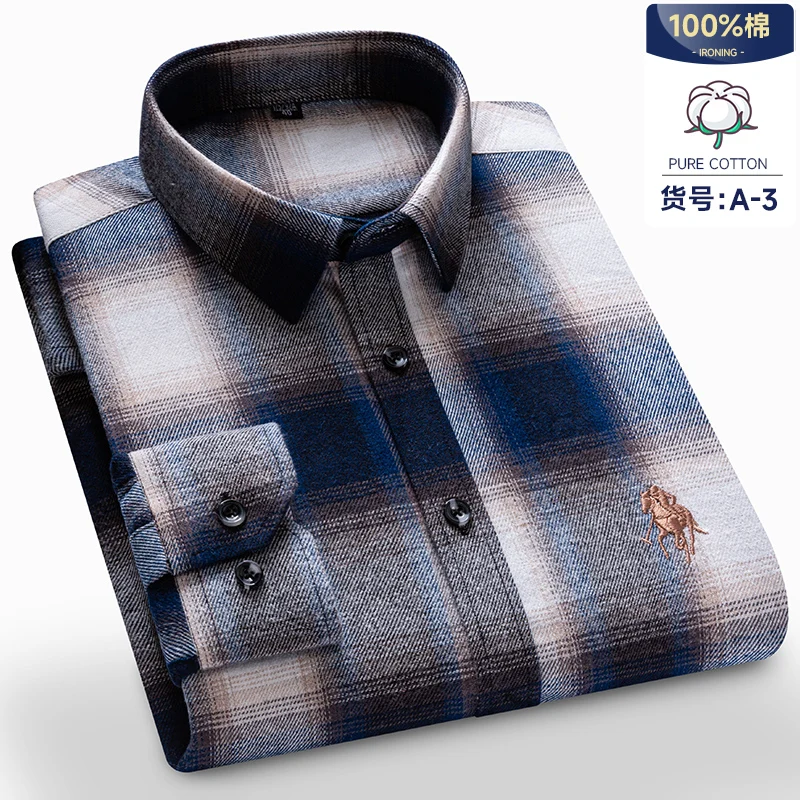 No Pockets M-7XL 100 Cotton Long Sleeve Shirt for Men Plaid Shirt Regular Fit Men Shirt Long Sleeve Male Social Formal Shirts