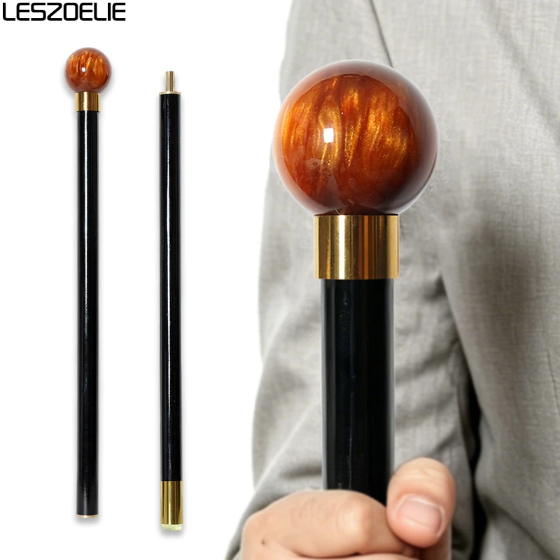 

Elegant Detachable Beech Wood Walking Cane with Amber Glossy Resin Ball Handle And Gold Metal Accents for Fashionable Gentlemen