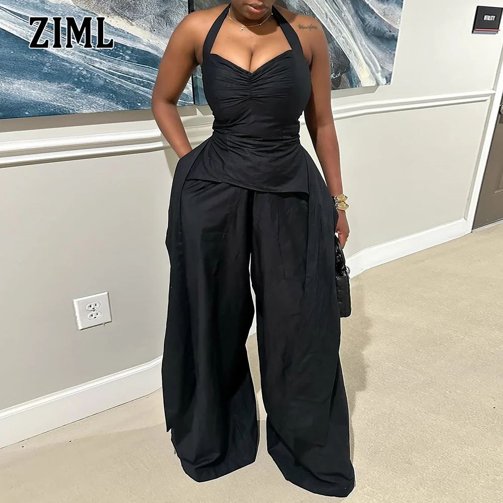 

ZIML Solid Spliced Folds Backless Sexy Jumpsuits For Women Halter Sleeveless High Wiast Temperament Slimming Jumpsuit Female New