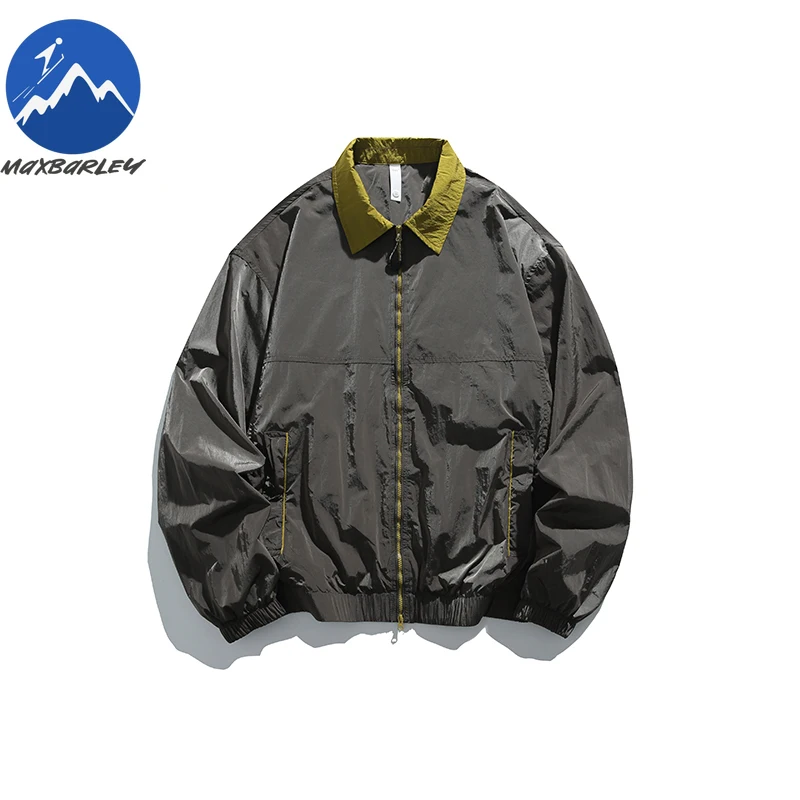 Maxbarley Jacket Urban Commute Outdoor Metal Nylon Triple Proof Jackets Men Autumn Lightweight Color Block Notch Collar Garment