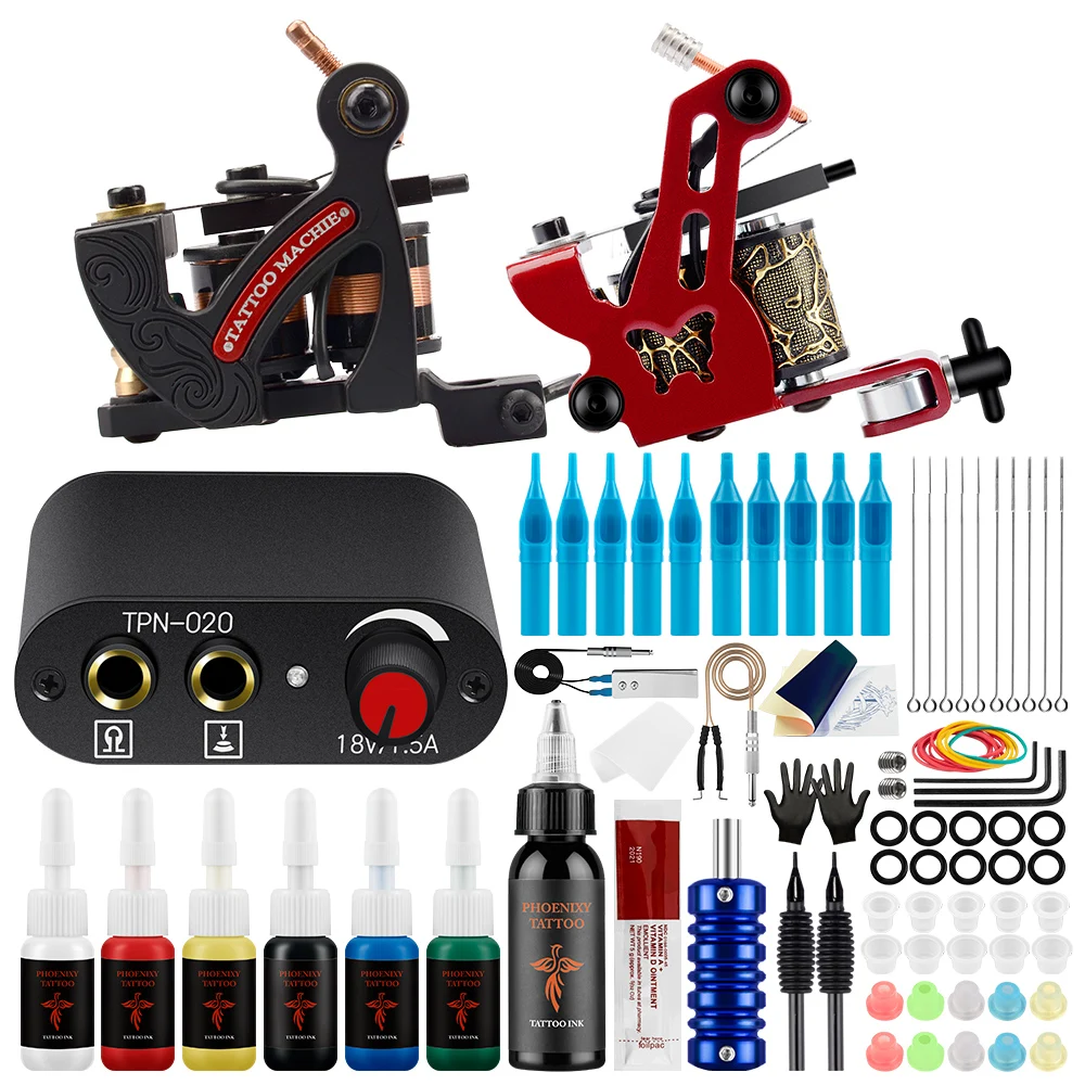 Tattoo Set for Beginner Two/One Tattoo Machine Gun with Power Supply Needles Grip Permanent Ink Complete Tattoo Body Art Kit