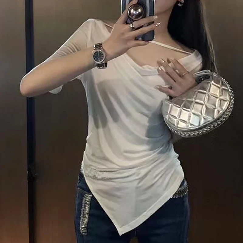 T Shirts For Women Clothes Slim Short Sleeve Sexy Off Shoulder T Shirt Summer Tops Elastic Slit Tee Shirt Femme Camisetas Mujer