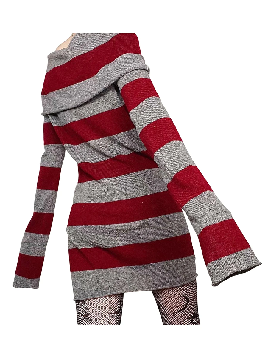 Women Mini Bodycon Dress Stripe Boat-Neck Long Sleeve Short Dress Spring Autumn Wrapped Hip Party Dress