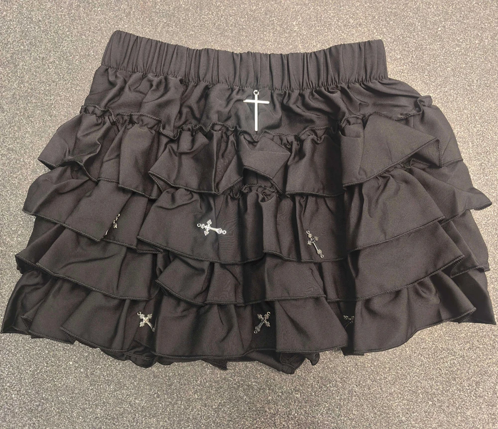 Damen Miniröcke mit Stufenvolants, Lolita-Stil, Eingebaute Shorts, Kawaii Sukapan Skort, Gothic Punk Coquette Y2K E-Girl Schwarzes Spitzenkleid – Detail 16