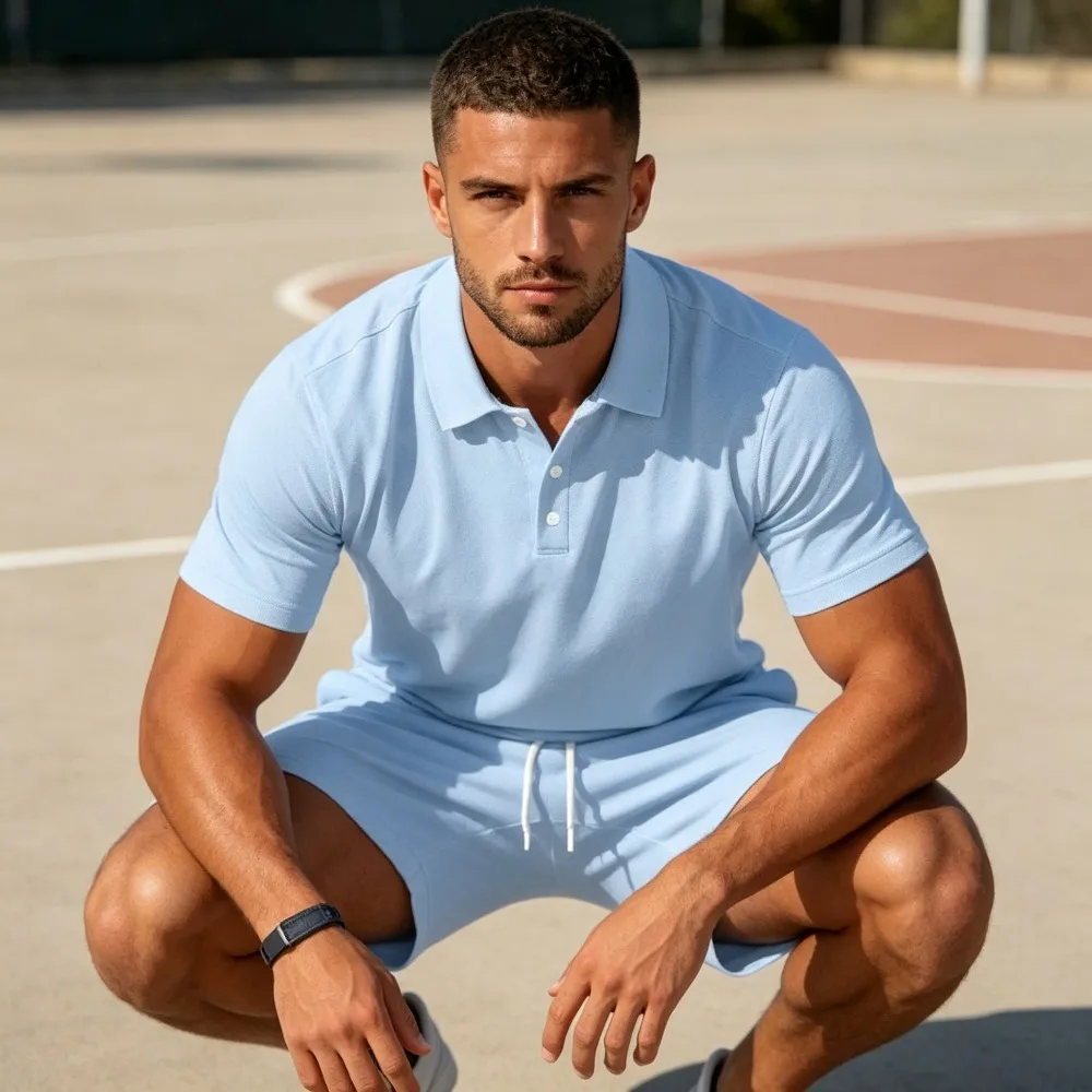 Men Summer Casual 2 Piece Tracksuit Outfit Solid Color Short Sleeve Lapel Collar Top Drawstring Shorts Beach Daily Wear