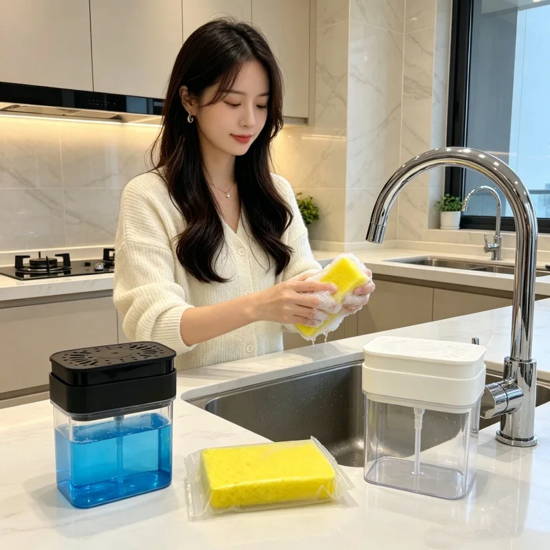 

2pcs Press Soap Dispenser Built-in Sponge Kitchen Dish Cleaning Liquid Box