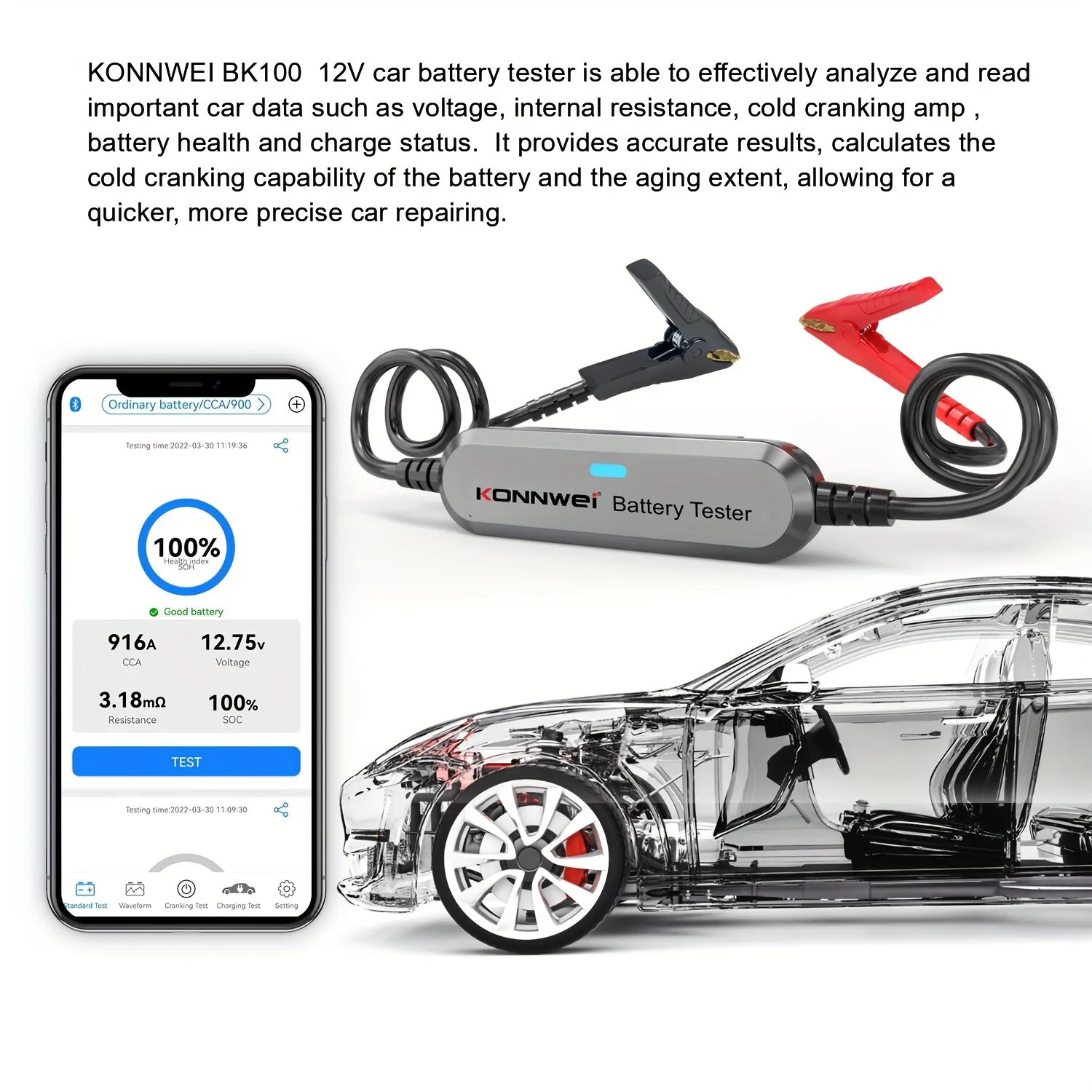 12V Bluetooth Car Battery Tester Automotive Battery Analyzer Battery Health Voltage Cranking Charging Test Tool