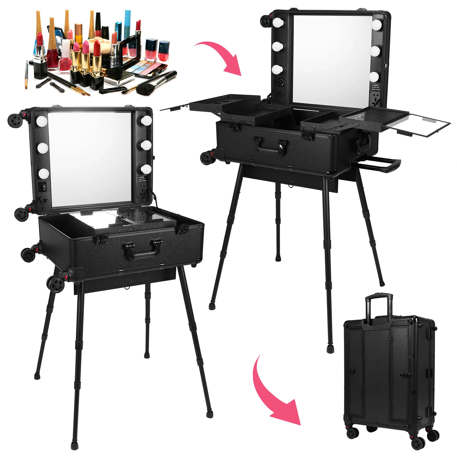 

Rolling Travel Cosmetic Organizer Box with Mirror and Lights Cosmetic Travel Box with Wheels Stands for Travel Or Salon Use