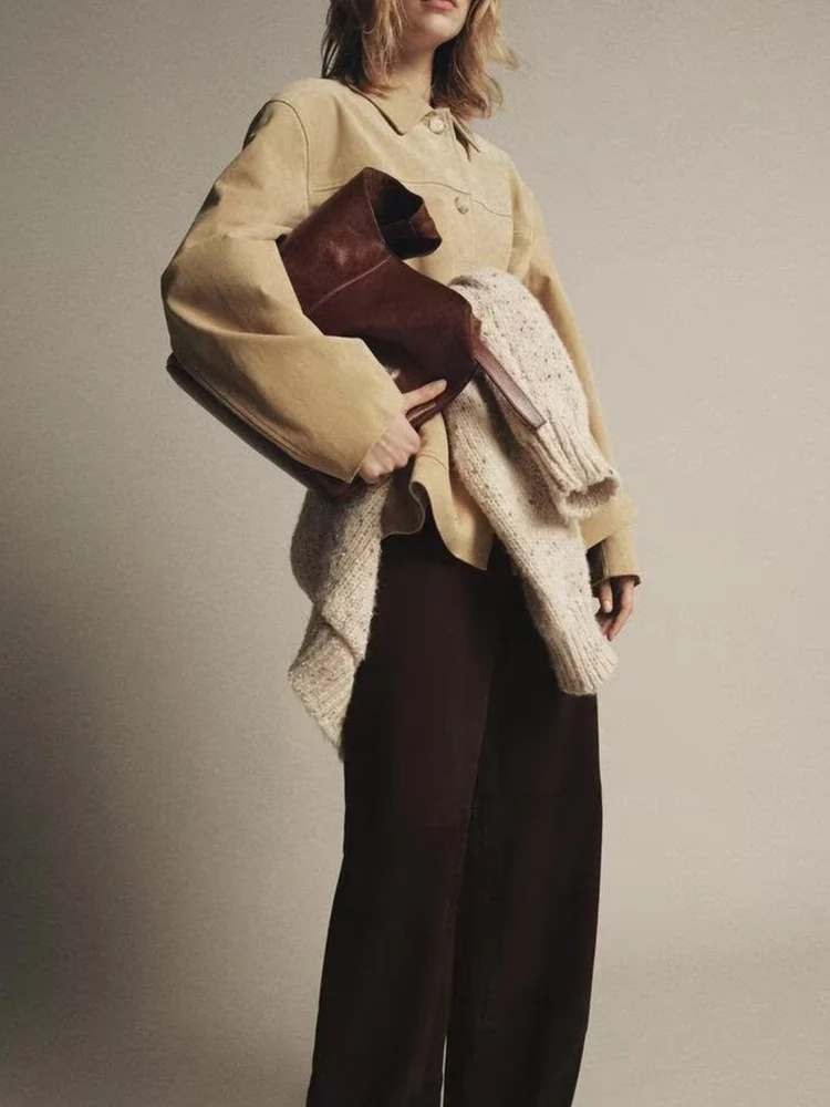 

European and American style autumn and winter new fashion trend leisure loose lapel pocket suede leather jacket for women