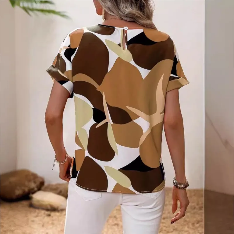 2024 Women\'s Summer New Fashion Print Multi Color Round Neck Women\'s Short Sleeved Top Elegant Contrast Color Office Blouse Y2K