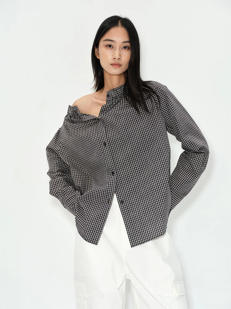 

Faionable Plaid irt And f Skirt Set Casual Loose Fit Long Sve Women's Clothing with Slanting oulder Design