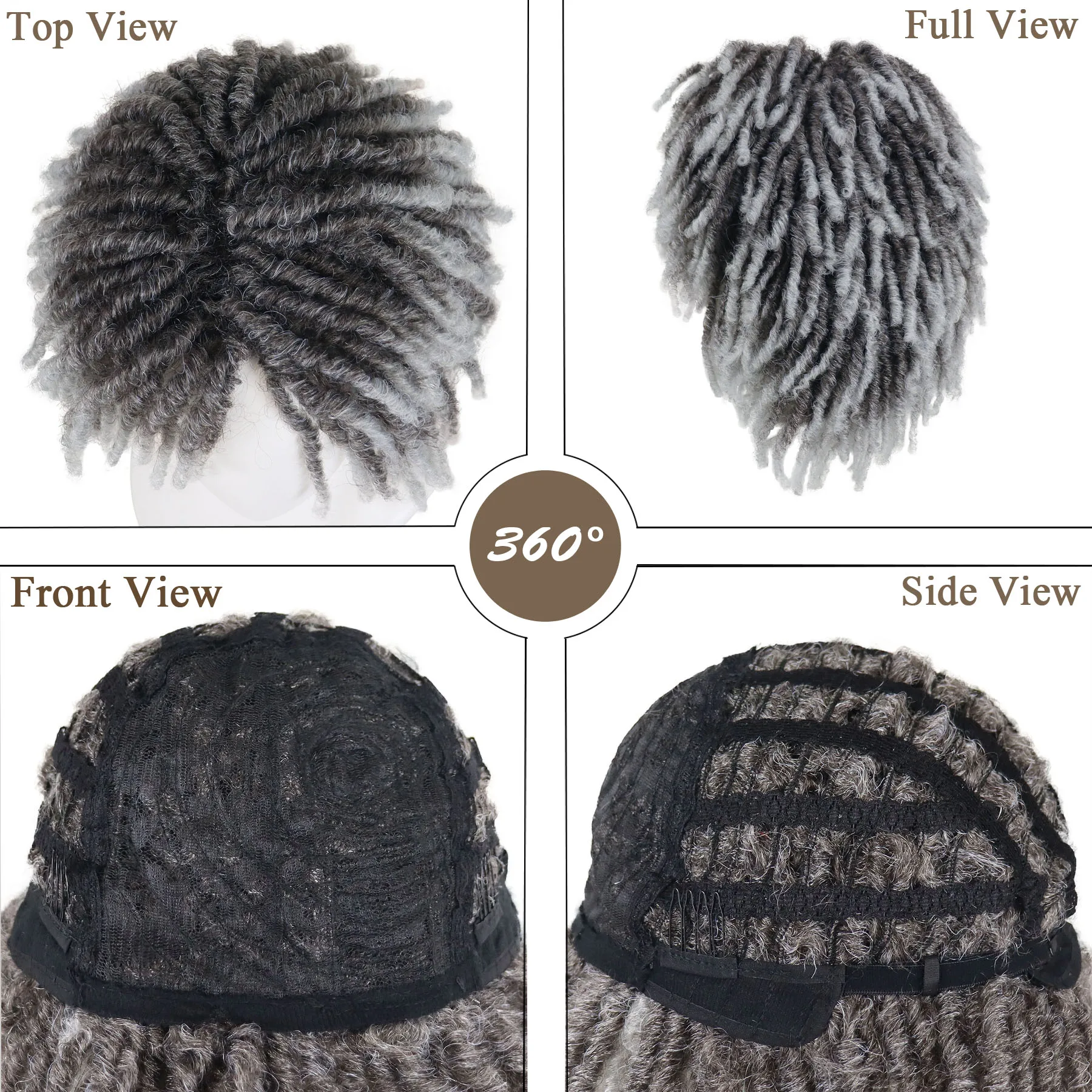 Perruque Dreadlock grise ombrée, perruques courtes torsadées pour hommes, faux dreads pour femmes, perruques synthétiques Afro bouclées ombrées tressées, perruque amusante