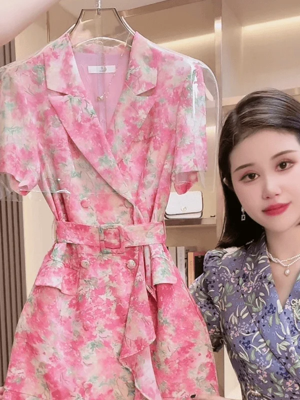 E Vestido de Mujer con Cuello en V y Manga Corta, Estilo Veraniego, Cintura Ajustada, Falda Corta con Estampado Floral...