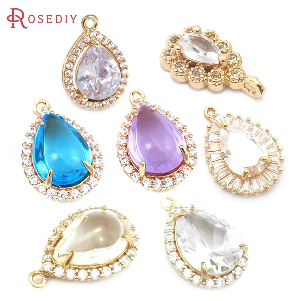 18K Gold Color Brass and Zircon and Glass Drop Shape Charms Pendants Diy Jewelry Making Necklace Earrings Accessories for Women