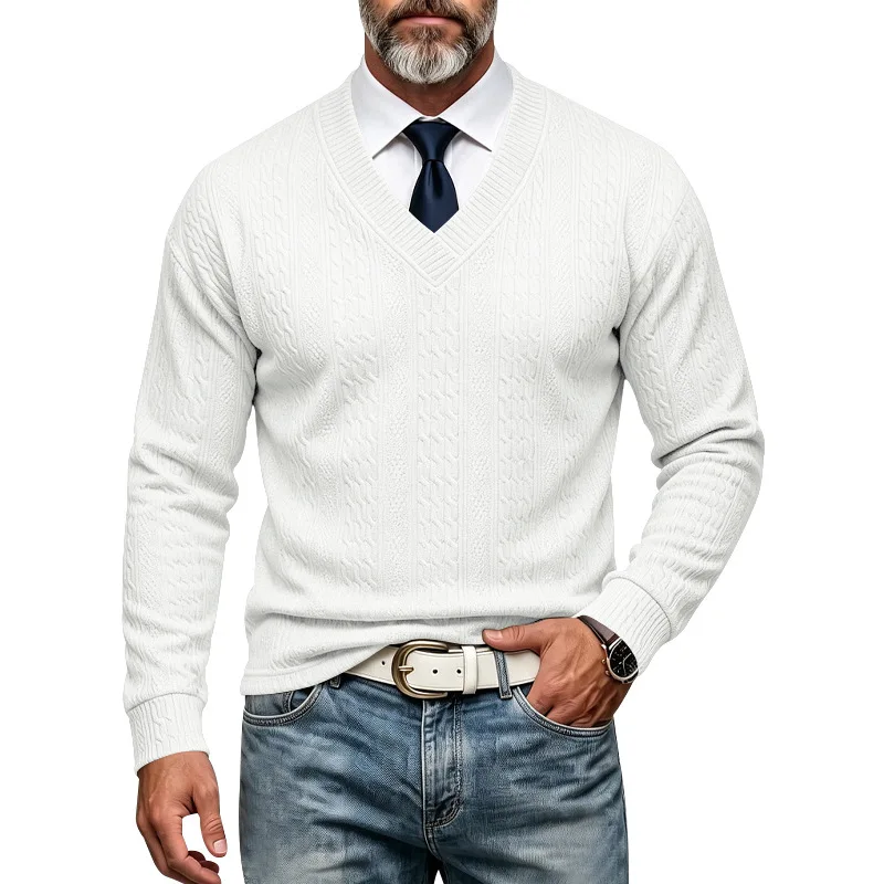 Men Heavyweight Jacquard Deep V Neck Long Sleeve Tee, Loose Fit, Casual Commute Top for Autumn Winter