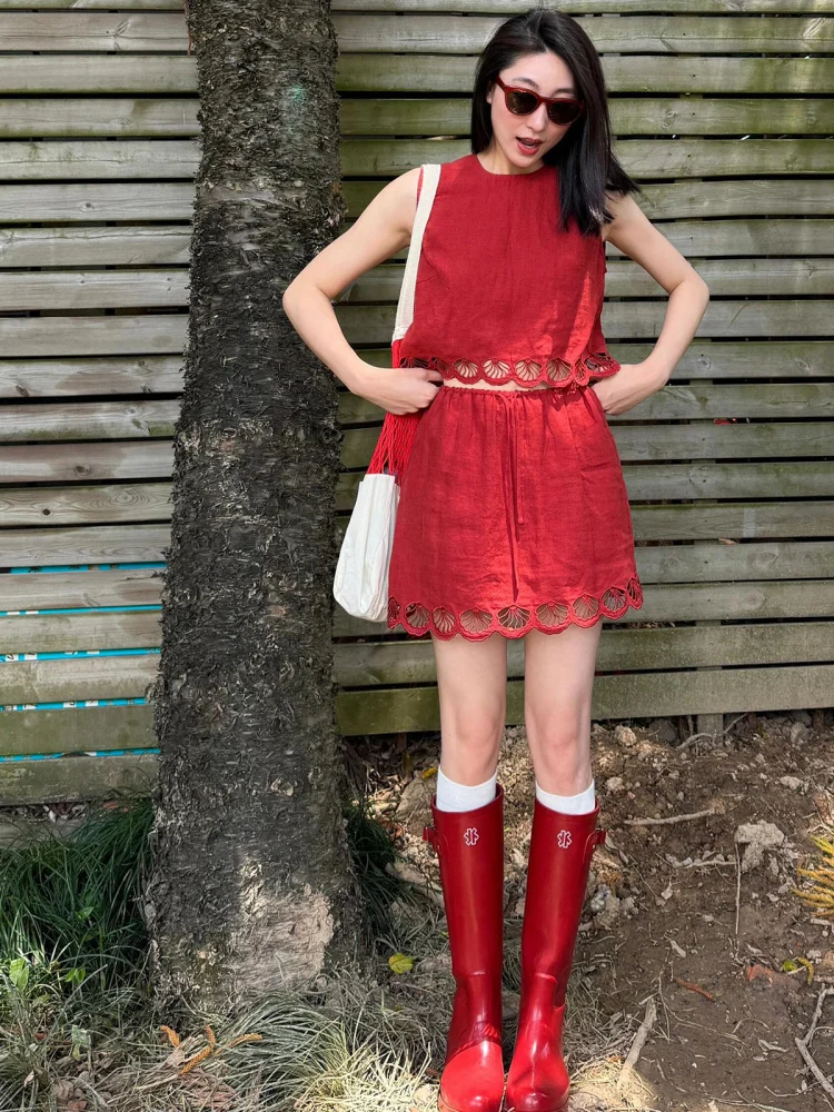 

Red Color Scheme Heavy Embellied Lace Hollow out Svel Vest And Skirt Two Piece Set Casual Sle Polyester Fiber