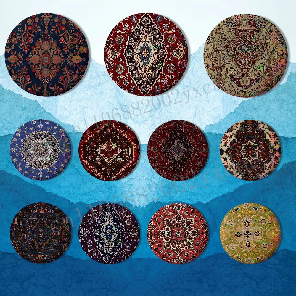 Persian Rug Iranian Carpet Reflective Pin Tinplate Round Brooch Cartoon Cosplay Badges for Bag Hat Toys Gifts