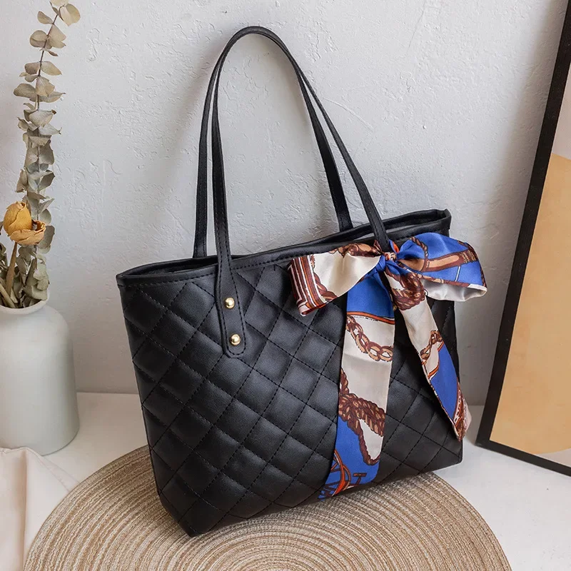 Large Capacity Lingge Embroidery Bag New Trendy Simple Scarf Tote Bag One Shoulder Bucket Bag Bags for Women