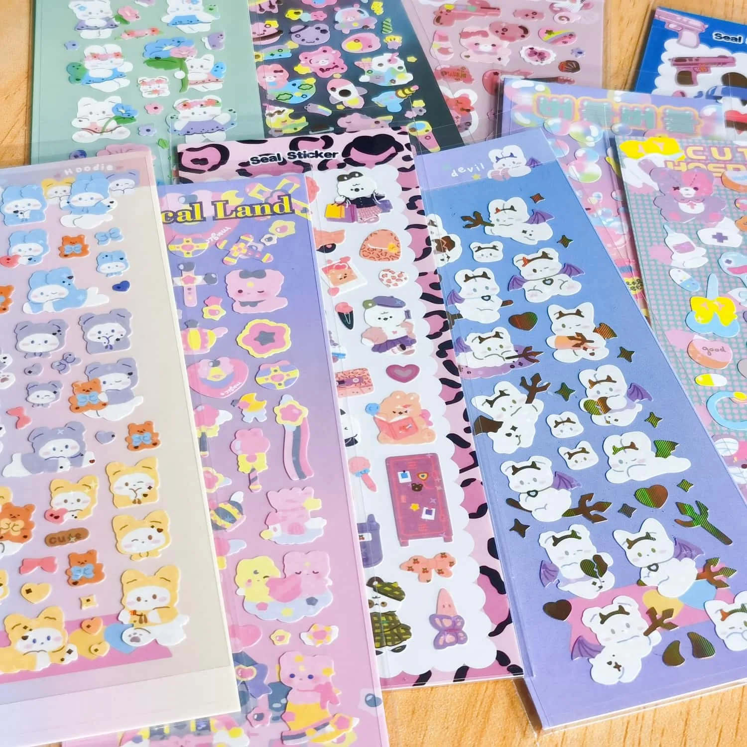 Confezione di collezioni di adesivi olografici coreani carini da 8 ~ 10 pezzi-Kawaii Bear Ribbon Confetti Design KPOP Toploader Deco, Journaling