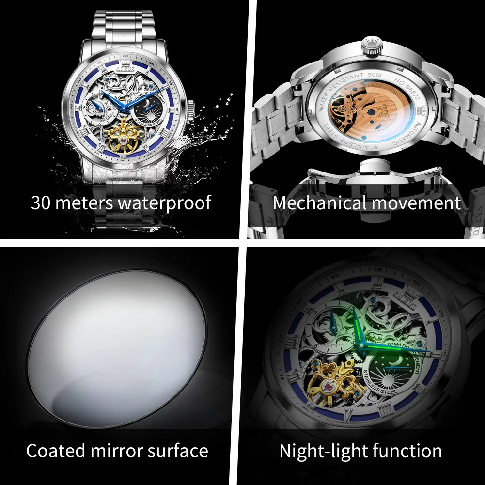 OLEVS 6670 Original Man Watch Hollow Flywheel Moon Phase Automatic Mechanical Watches for Men Waterproof Luminous Men's Watches gallery 4