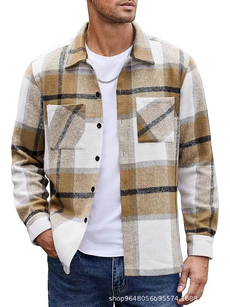 Autumn Winter Men\'s Plush Warm Plaid Thickened Shirt Jacket Coat Elegant Long Sleeve Shirts For Men