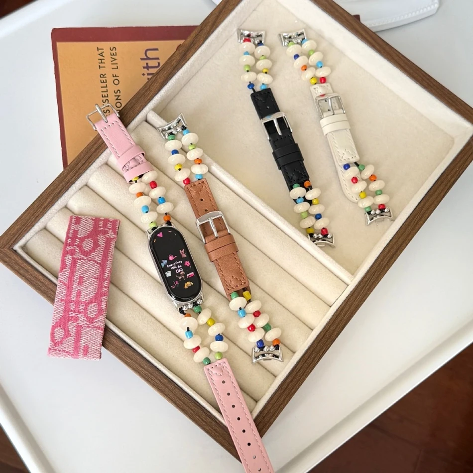 

Colored Beaded Leather Bracelet For Xiaomi Mi Band 10 8 9 Pro Strap Miband 9Pro 8 Pro Fashionable Smart Watch Replacement Bands