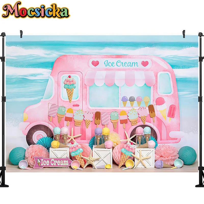 Mocsicka Photography Background Pink Ice Cream Car Baby Girl Boy First Birthday Party Cake Smash Portrait Backdrop Photo Studio