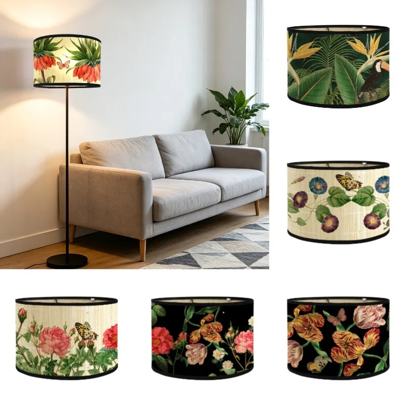 Vintage Printed Bamboo Lampshade E27 Lamp Accessory Replacement Light Cover for Desktops Standing Lights Cafe Homestay Decor