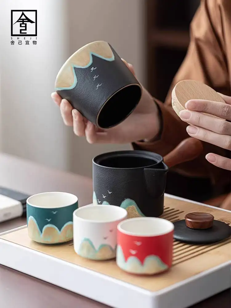 Painting Thousand-Mile Landscape Teapot Ceramic Chinese Style Retro Distant Mountain Master Cup Kung Fu Tea Set