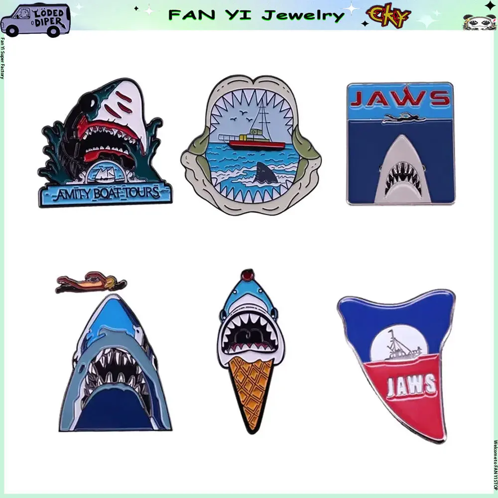 

Jaws Enamel Pin Steven Spielberg's Classic Horror Movie Brooch Swimming Over Shark Mouth Badge Men Women Fashion Jewelry Gift