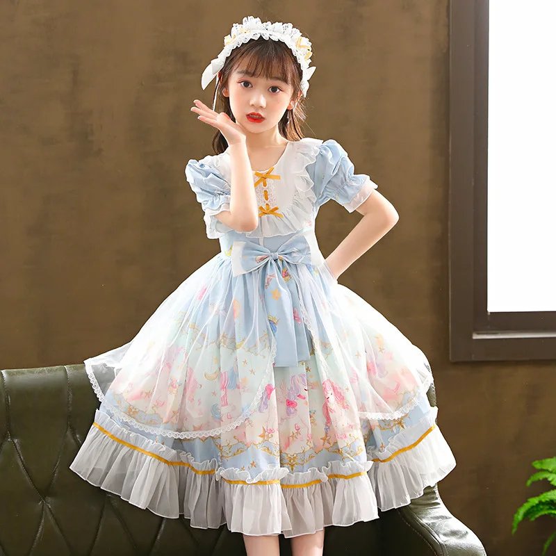Teen Girl Lolita Dress Sweet Princess Tulle Lace Ruffle Dresses Kids Kawaii Unicorn Party Ball Gown Toddler Girl Clothes Cosplay