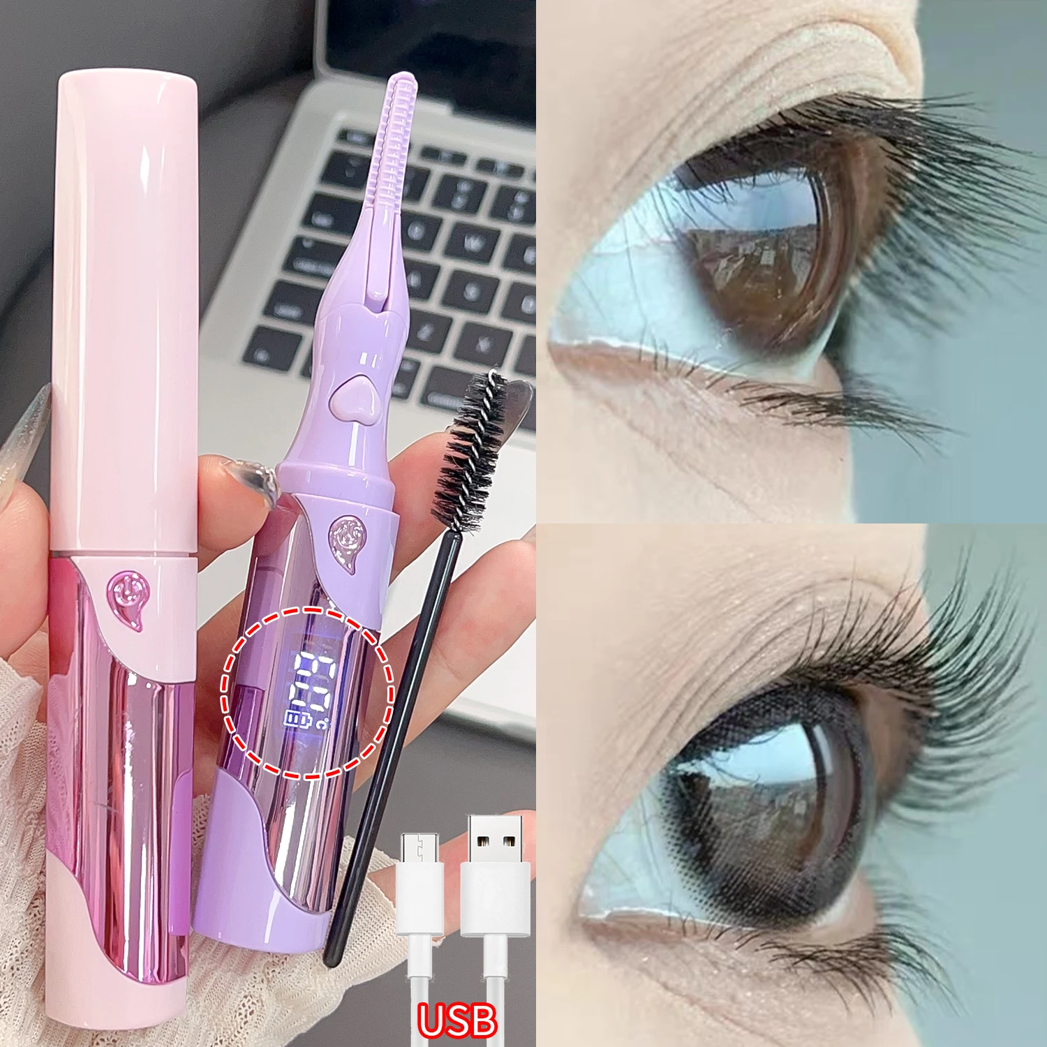 Elektryczna, podgrzewana, przenośna zalotka do rzęs, ładowana przez USB, szybkie i trwałe podkręcanie rzęs, grzebień i klips 2w1, do makijażu.