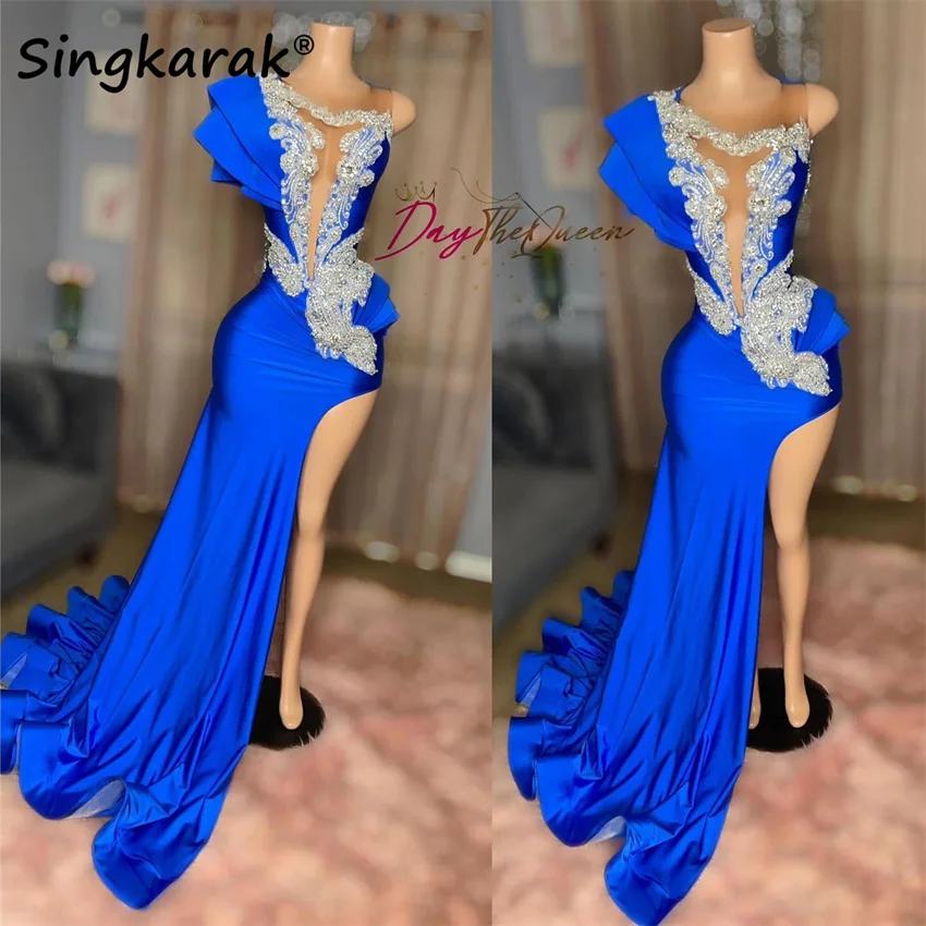 

Exquisite Royal Blue Long Prom Dresses O-Neck Birthday Party Gown See-Thru Bead Diamonds Split Evening Dresses Customized