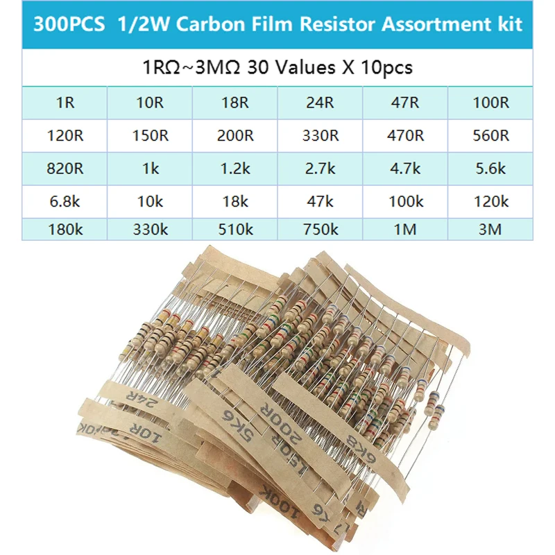 300PCS/Lot 1/2W 30 Kinds Carbon Film Resistor set, 0.5W Resistance 5% 1 ohm ~ 3M Color Ring Resistance Assortment kit