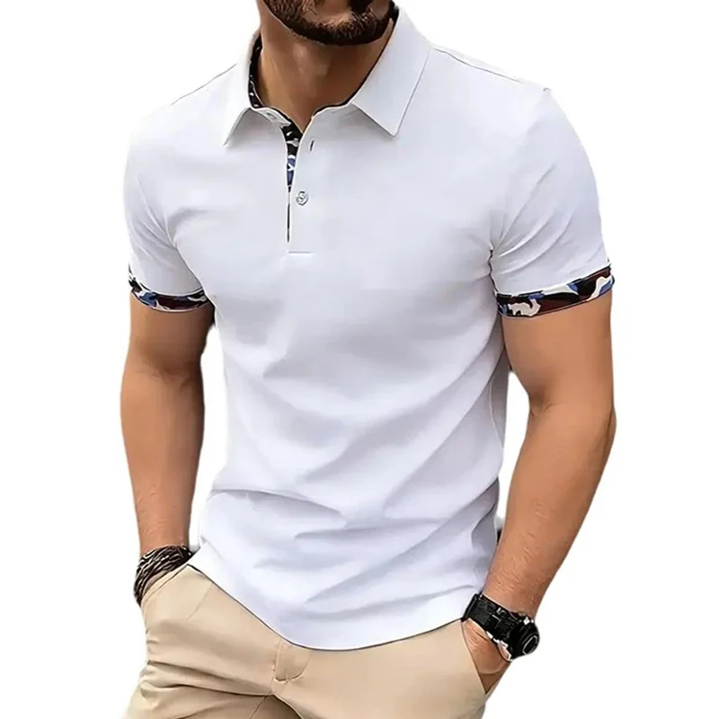 Summer Men's Solid Color Splicing Polo Shirts Short Sleeve Breathable Casual Contrast Color Lapel Collar Streetwear Basic Tops