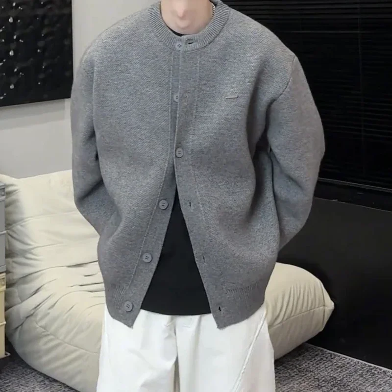 2025 aw na moda personalizado cor sólida botão tripulação pescoço casal masculino malha cardigan camisola casaco solto ajuste outono inverno