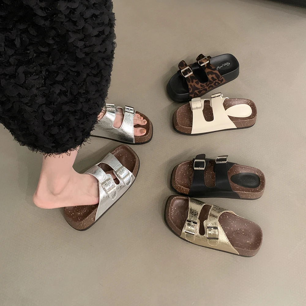 

Women's Summer Double Buckle Adjustable Thick Bottom Lightweight Slippers Beach Sandals Casual Square Head Platform Slippers