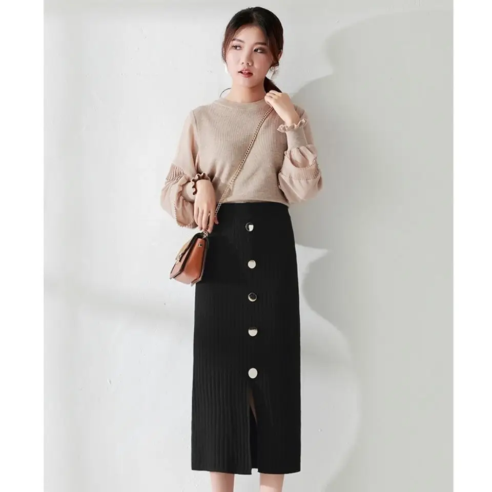 

2024 New Women's Single Breasted Cashmere Fashion Midi Solid Color Knit Skirt Winter Straight Tube Slim Straight Skirts T451